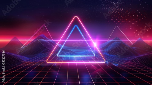 A synthwave background with a mountainscape layout and a neon triangle with well-defined lines. Modern illustration of a retro wave backdrop for music covers or retrofuturistic banners. photo