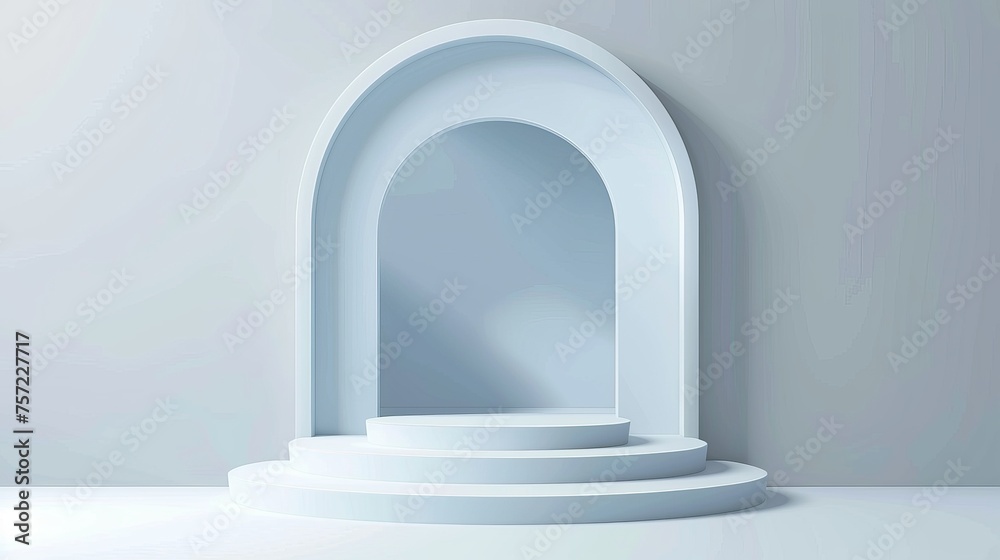 Realistic modern illustration of minimalist white platform and pedestal of round, square, hexagon and arch shapes for goods display in a window or hole in the wall. Realistic modern illustration of minimalist white platform and pedestal of round, square, hexagon and arch shapes for goods display in a window or hole in the wall.