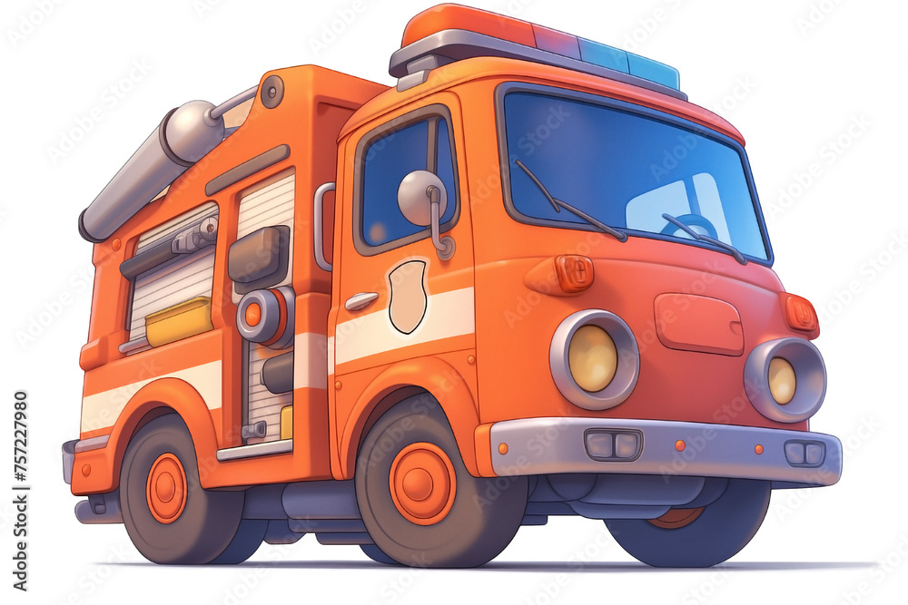 Fire truck in cartoon style. Graphic resource with transparent background for flyers and invitations for children's parties