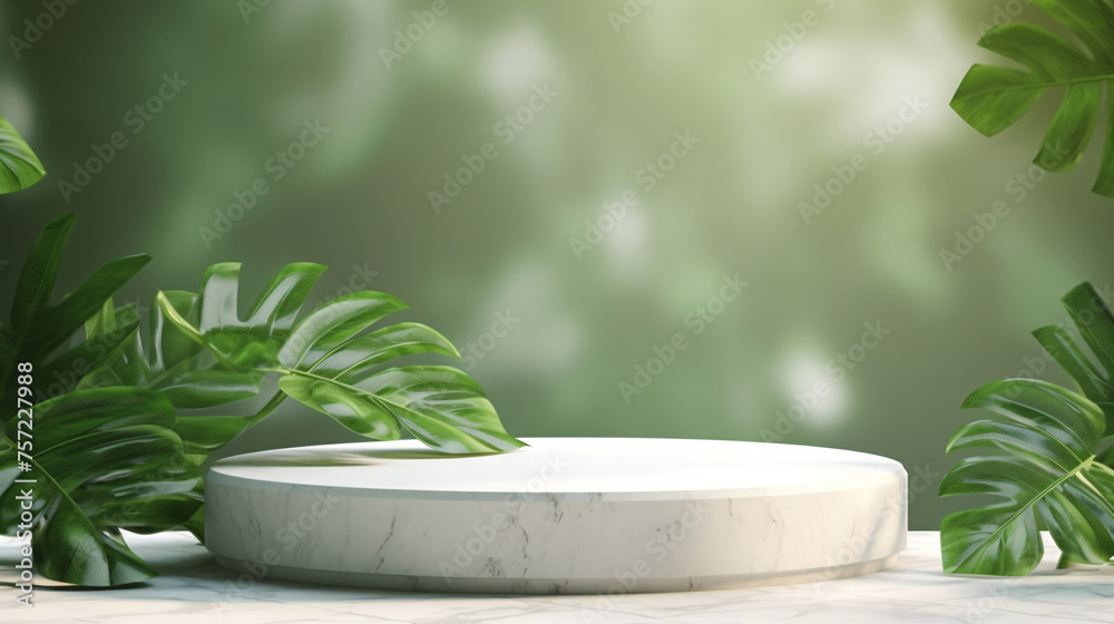 Product display podium scene model with natural leaves and plants, promotional display concept scene illustration Product display podium scene model with natural leaves and plants, promotional display concept scene illustration