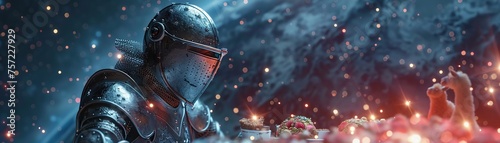 Cinematic render of a knight with a clear helmet gourmet feast on a llama-shaped table photo