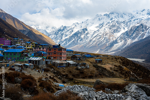 Mountain Hamlet Charm: Kyanjin Gompa Against the Langtang Himalayan Backdrop, Nepal photo
