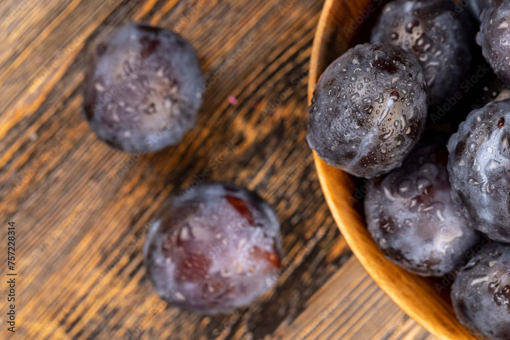 Wet purple plum on the table, fresh harvest Wet purple plum on the table, fresh harvest