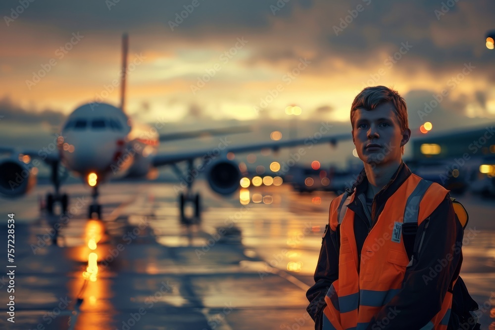 Fototapeta premium Airline Baggage Handler Working, An airline baggage handler efficiently managing luggage loading and unloading operations at the airport.