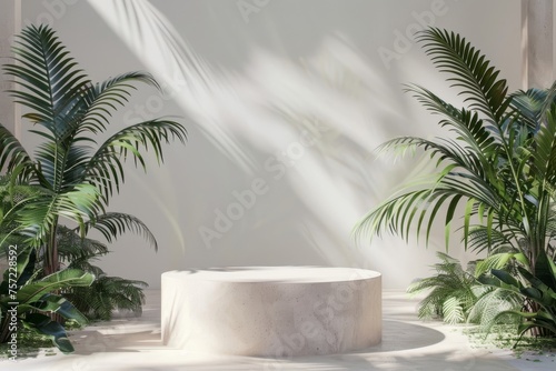 Tropical Style Cylindrical Podium  An empty cylindrical podium exuding tropical vibes  perfect for showcasing products or presentations with a touch of exotic charm