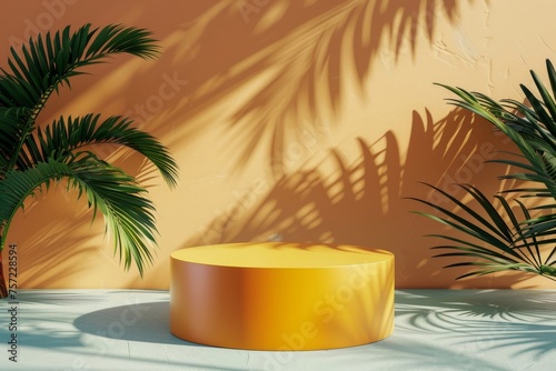 Tropical Style Cylindrical Podium, An empty cylindrical podium exuding tropical vibes, perfect for showcasing products or presentations with a touch of exotic charm © Darya Pol