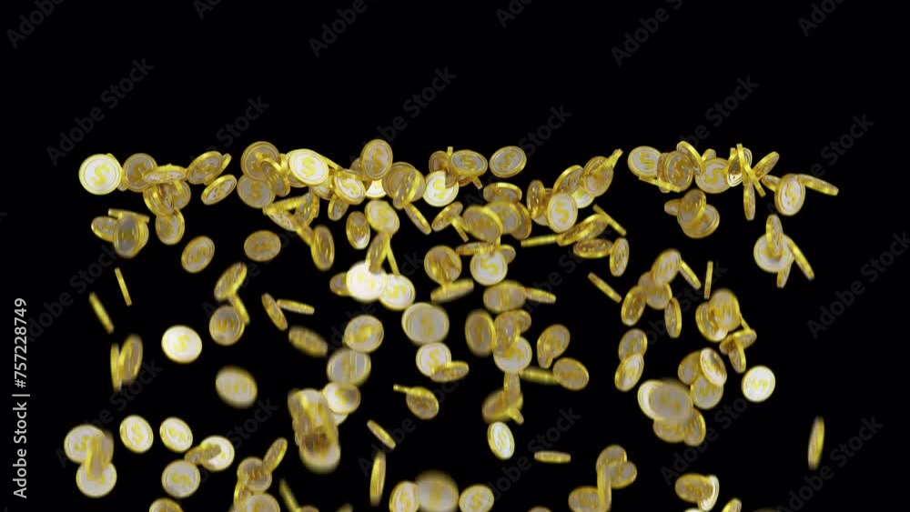 Explosion of gold coins, rain of coins, coins fly out from below and fall, with transparency, dollars, high density, large Explosion of gold coins, rain of coins, coins fly out from below and fall, with transparency, dollars, high density, large
