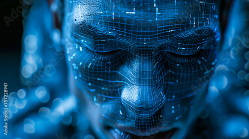 A digital wireframe grid maps the contours of a human face, highlighted by a cool blue hue, invoking a digital era aesthetic.