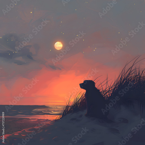 beach dawn dog adorable domestic sun glowing soft rising illuminated ai generative illustration digital wallpaper outdoors  photo