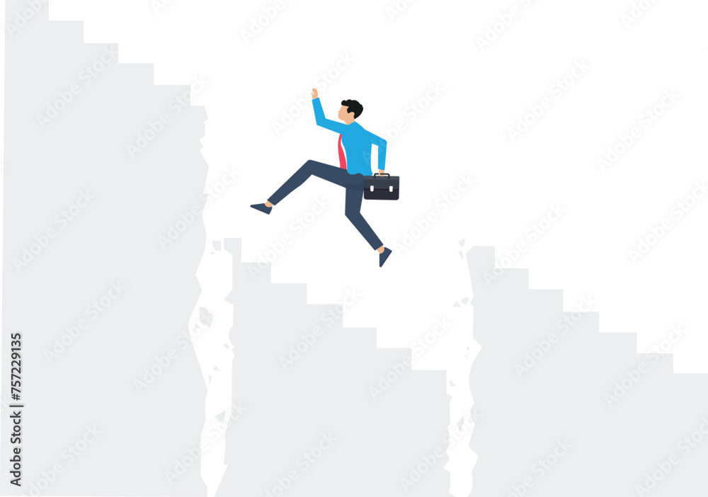 Businessman walking up the stairs while staircase is collapsing and falling down-Business career metaphor concept

