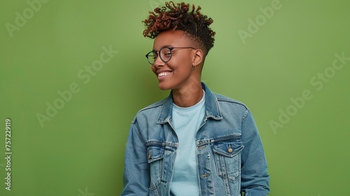 A person in casual wear standing casually with a friendly smile against a modern green background