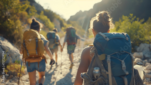 Group of people are hiking in the mountains.