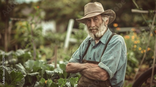 A serene elderly gentleman standing proudly in his bountiful vegetable garden, vintage photo