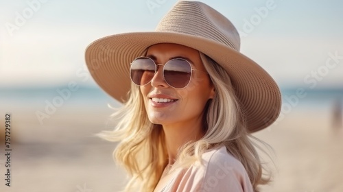 Blonde Serenity: Woman Relaxing by the Ocean in Straw Hat