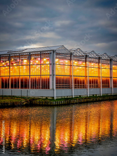 Sunset glow reflects on a greenhouse by the waterfront photo