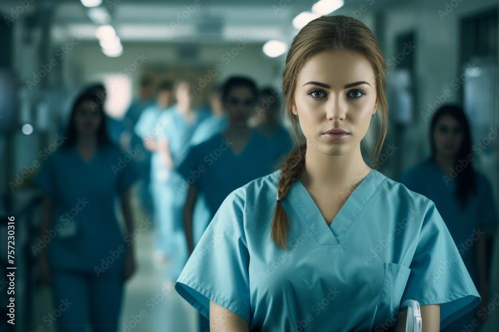 Nurse in a green uniform, the work of a medical clinic in the background Nurse in a green uniform, the work of a medical clinic in the background