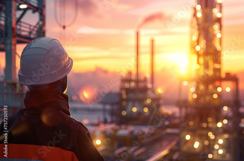 Engineer or Technician at the Oil and gas refinery plant at sunset or sunrise time