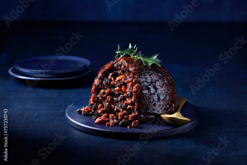 A delicious slice of traditional fruitcake on a dark, elegant background, perfect for festive celebrations. photo