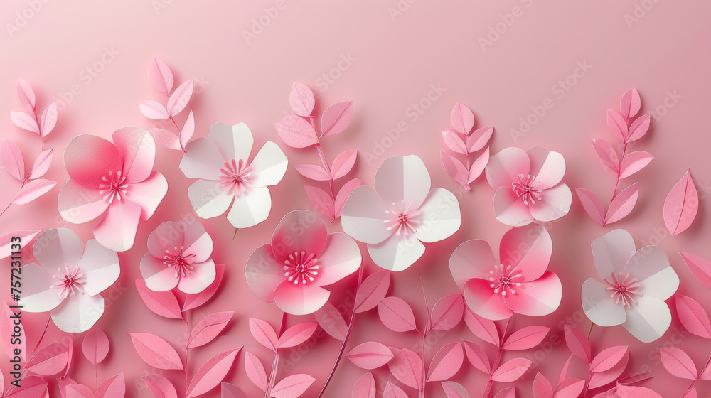 Artificial pink and white paper flowers arranged on a soft pink backdrop.