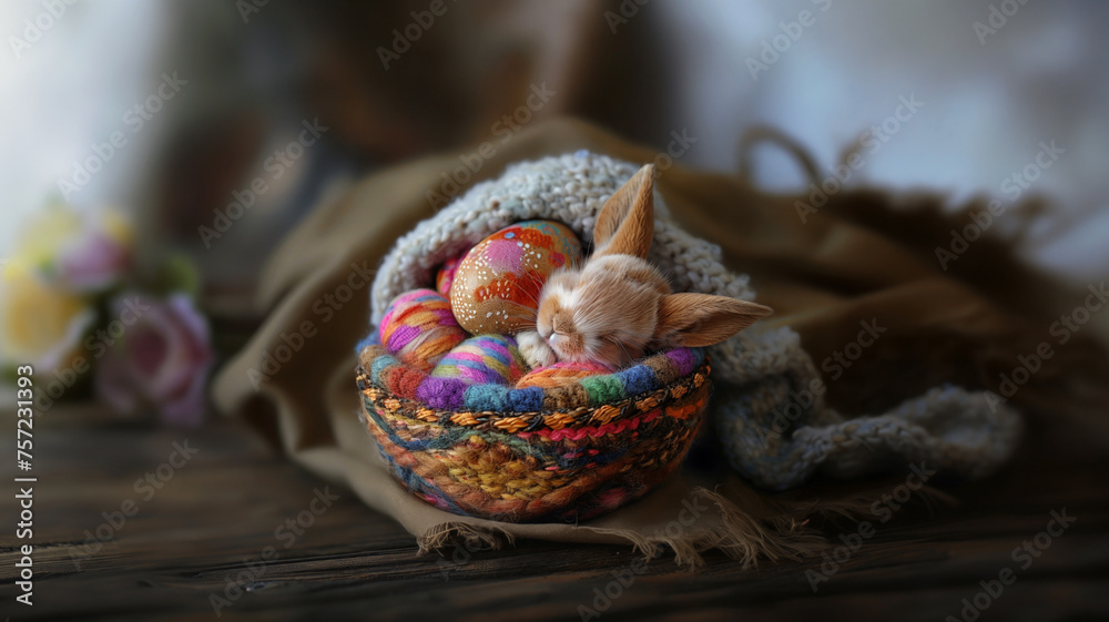 A very cute and soft white and brown baby bunny sleeps in a basket surrounded by Easter eggs. The eggs and basket are decorated and lined with wool of many colors. Home, easter traditions