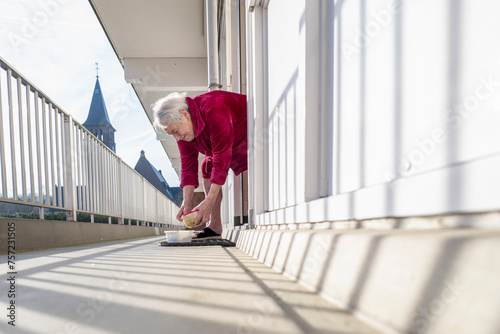 Elderly woman in red feeding a stray cat on a sunny bridge walkway. photo