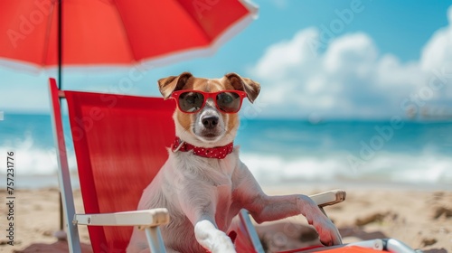 Leisure time, dog in cool sunglasses on beach chair at seaside under red umbrella © saichon