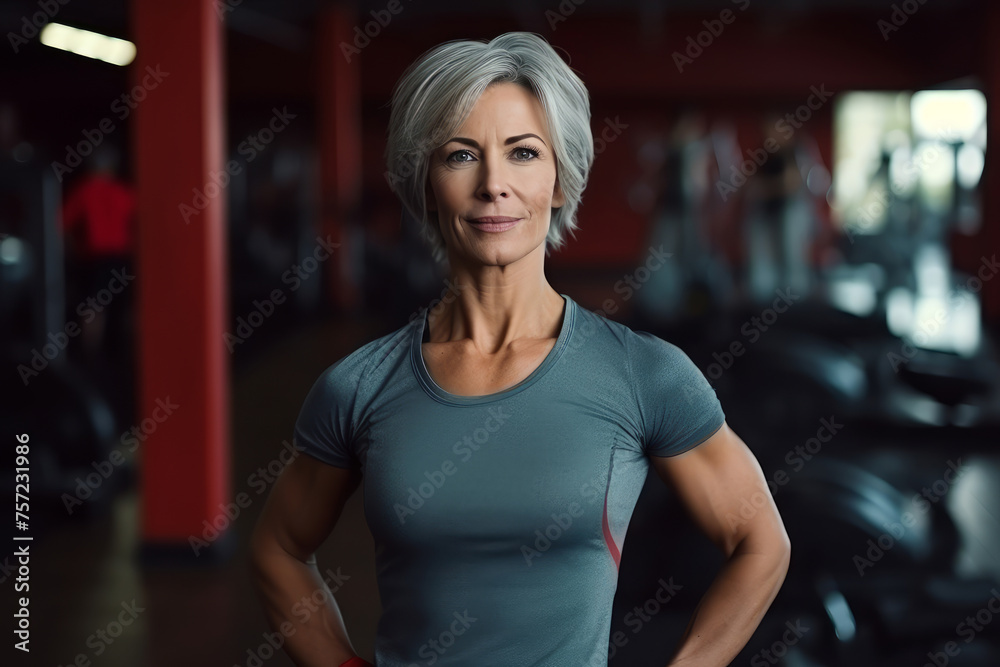 Fit elderly woman with a determined look stands in a gym environment