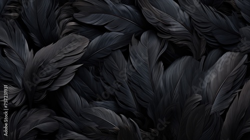 Bright colorful pattern, texture of black feathers. A beautiful abstraction of colorful feathers.