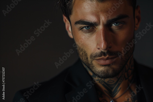 tanned skin, hot and attractive Italian mafia billionaire with a tattoo on his neck , wearing a luxurious black suit. Looking at camera with piercing and sensual gaze