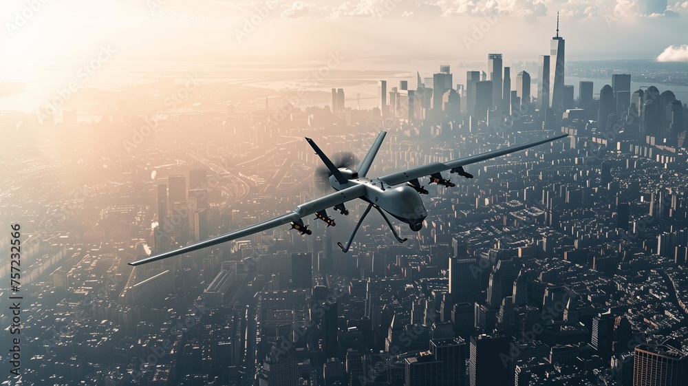 Naklejka premium Unmanned Military Drone in the modern city megapolis sky through clouds, buildings and skyscrapers. Combat Air Vehicle as modern weapons for war presentation.