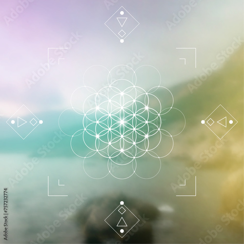 Flower of life. Tree of life. Sacred geometry spiritual new age futuristic illustration with interlocking circles, triangles and particles