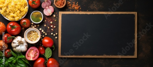 A blackboard displaying a recipe surrounded by natural foods and ingredients such as fruits, vegetables, and spices on a wooden table. Perfect for a cuisine event