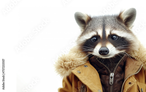 Raccoon portrait in jacket isolated on white background. Front view cute funny animal face with copy free space