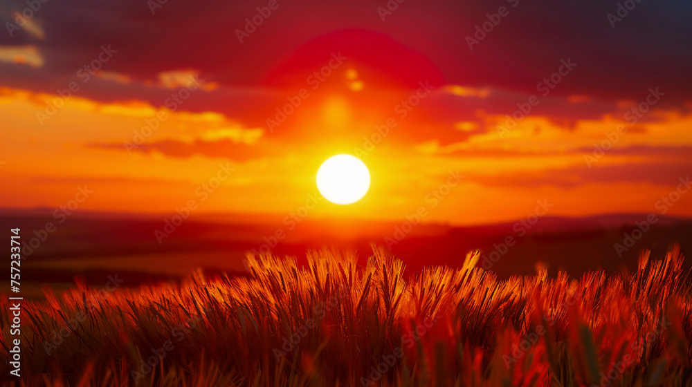 Vivid sunset enveloping the sky, casting a golden glow over a sprawling wheat field, radiating warmth.