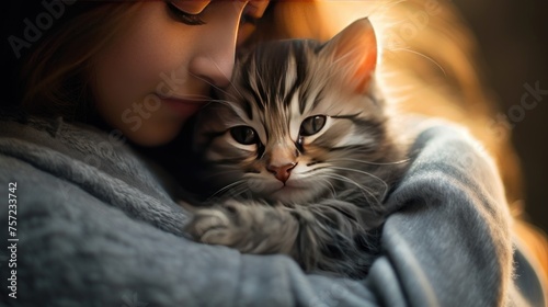 A young girl is holding a cute kitten in her arms. Best friend, friendship between an animal and a human, caring.