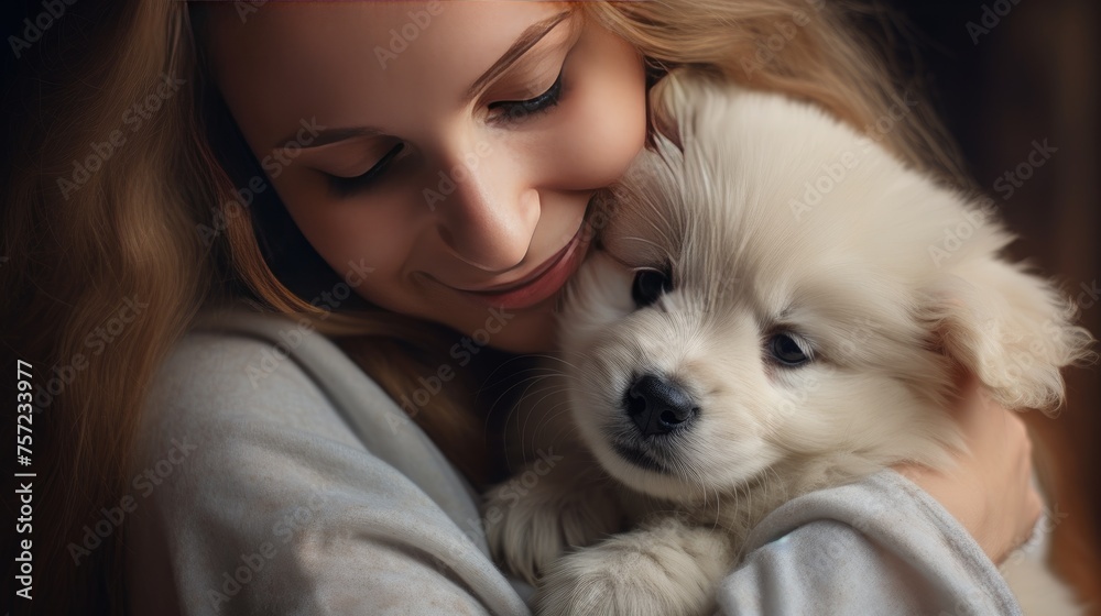 A young girl is holding a cute puppy in her arms. Best friend, friendship between an animal and a human, caring. A young girl is holding a cute puppy in her arms. Best friend, friendship between an animal and a human, caring.