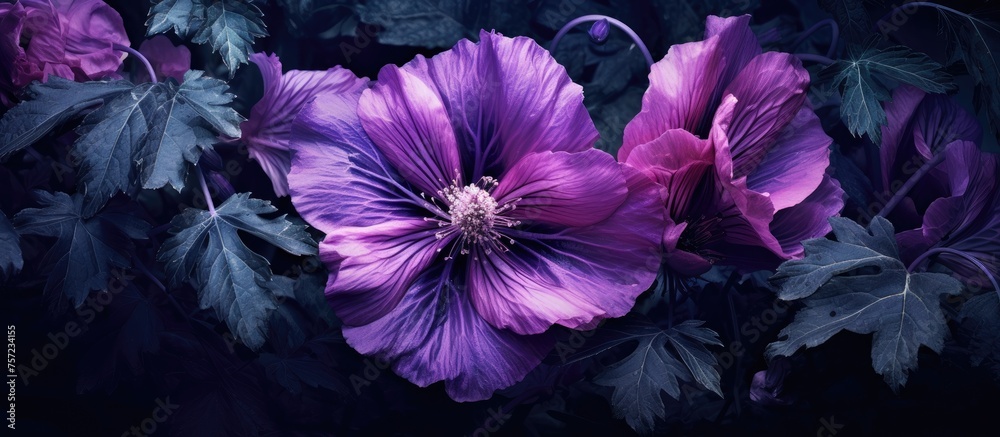 A closeup of a vibrant purple flower with delicate petals and green leaves set against a dark background, showcasing the beauty of a flowering plant in shades of violet and magenta A closeup of a vibrant purple flower with delicate petals and green leaves set against a dark background, showcasing the beauty of a flowering plant in shades of violet and magenta