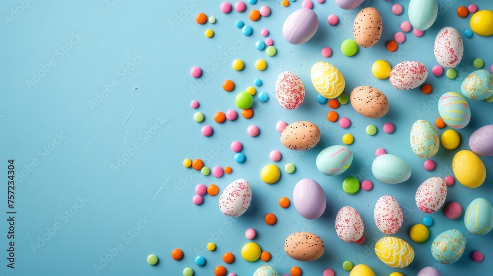Easter, candy and confectionery on isolated on blue background. Happy Easter. Candy, chocolate, sweets.