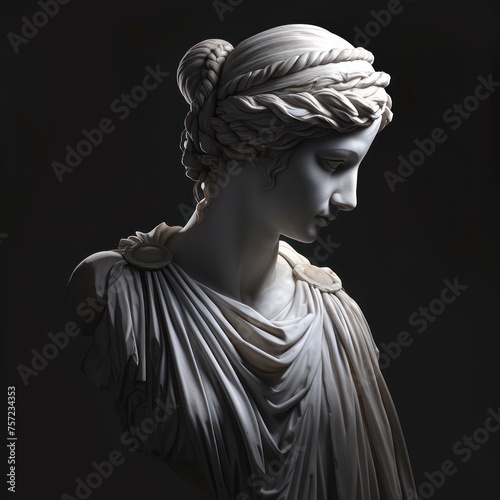 Ancient Greek woman Statue made of white marble on dark background