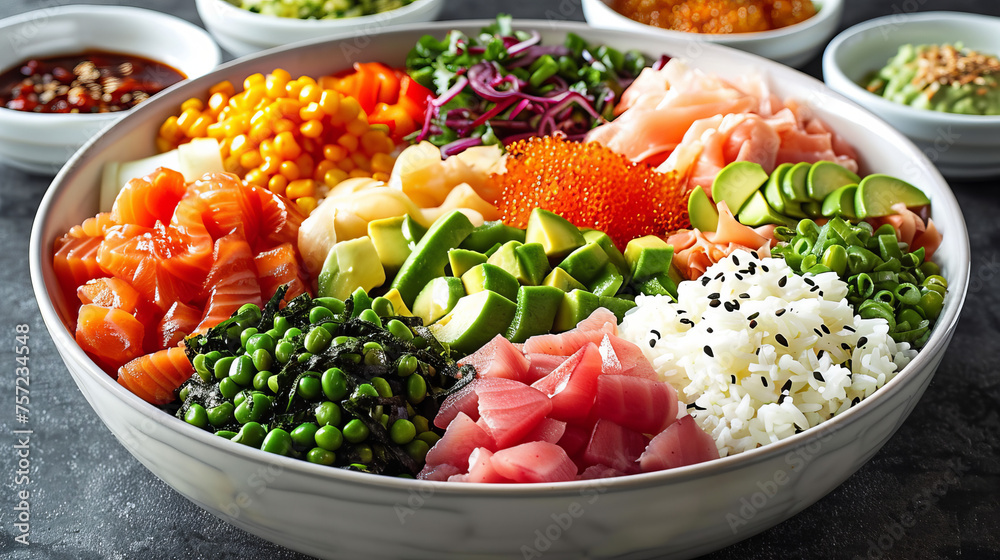 A delectable poke bowl full of healthy ingredients like salmon, avocado, and seaweed, on a textured surface