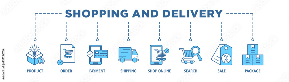 Shopping and delivery banner web icon set vector illustration concept with icon of product, order, payment, shipping, shop online, search, sale, package Shopping and delivery banner web icon set vector illustration concept with icon of product, order, payment, shipping, shop online, search, sale, package