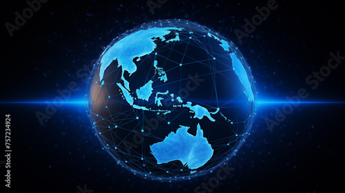 Futuristic digital globe with blue network nodes background image. Interconnected world desktop wallpaper picture. Cyber technology photo backdrop. Global connectivity concept composition