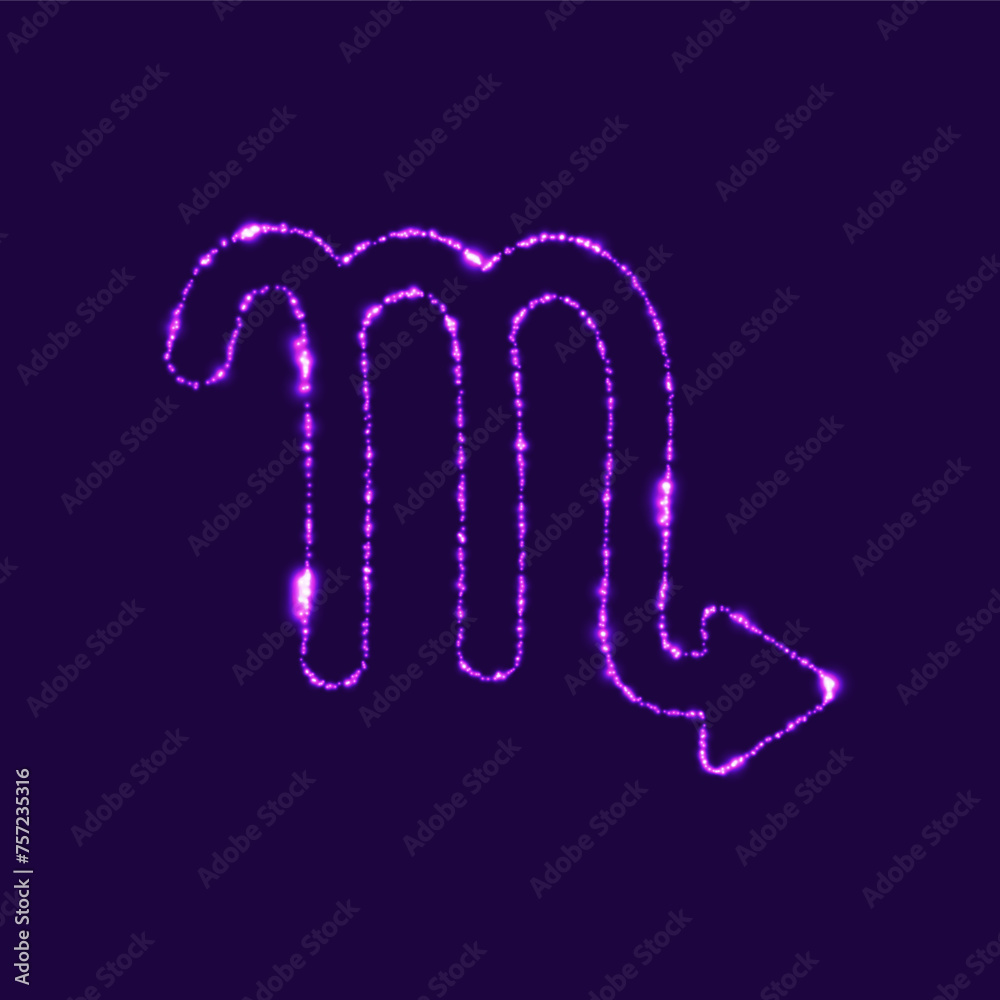 Illustration depicting the zodiac sign Scorpio, in the form of glowing dots, on a dark purple background