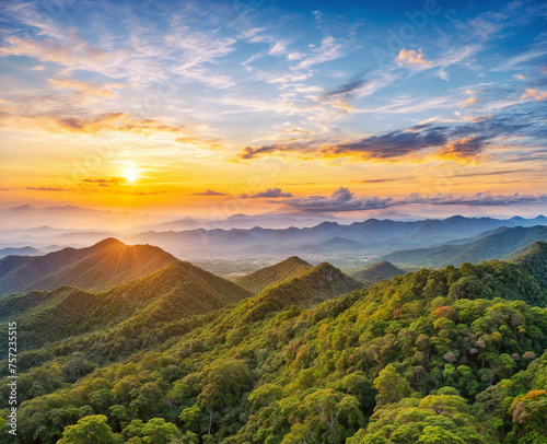 Mountain Sunrise and Sunset Landscape with Sky, Clouds, Trees, and Scenic View