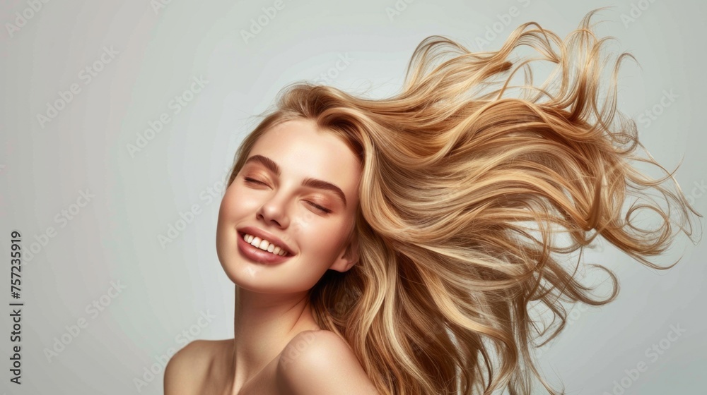 Beautiful Woman Smiling, Blond Hair Flying, Eyes Closed Beautiful Woman Smiling, Blond Hair Flying, Eyes Closed