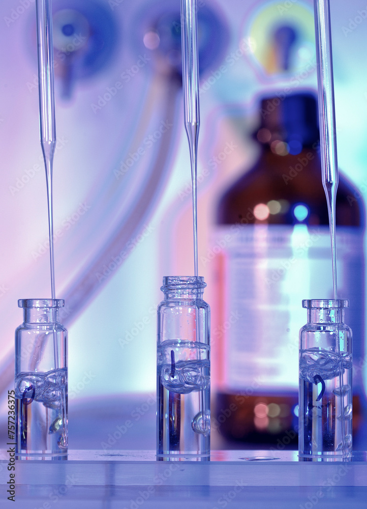 Pipettes dispensing liquid into sample vials in a science laboratory ...