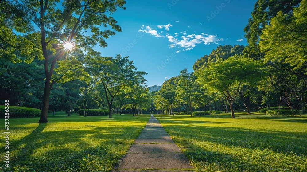 Vibrant green grass and a variety of lush trees line a winding pathway through a beautifully manicured park, offering a scenic view under a clear blue sky.