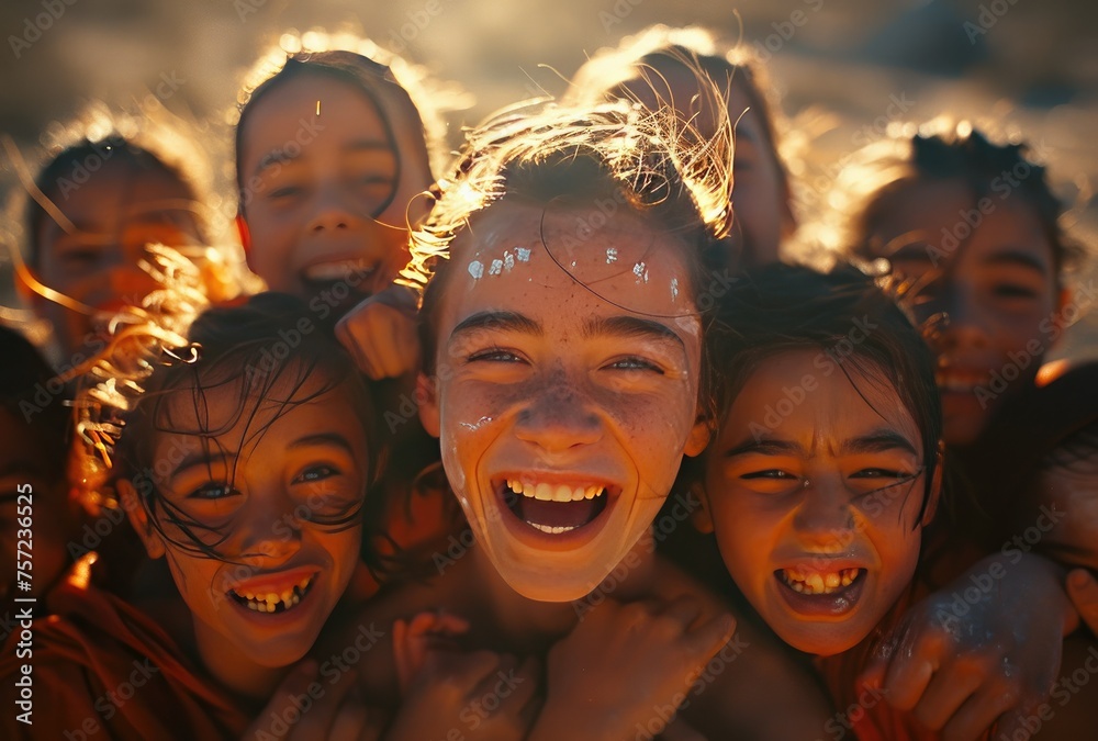 Golden Laughter: Cinematic Close-Up of Happy Kids in the Warm Glow Golden Laughter: Cinematic Close-Up of Happy Kids in the Warm Glow