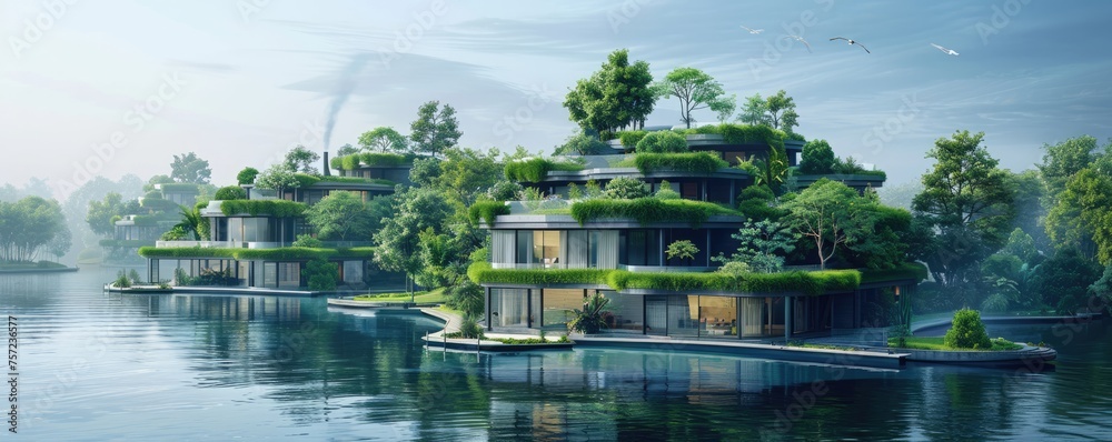 A serene and futuristic vision of sustainable living with modern, green-roofed buildings seamlessly integrated into a natural waterfront landscape.