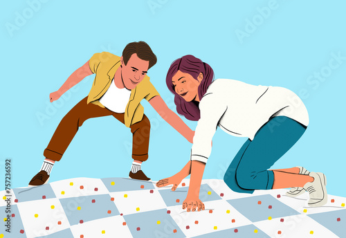 Young couple enjoying a playful game of Twister outdoors, sharing a joyful moment photo